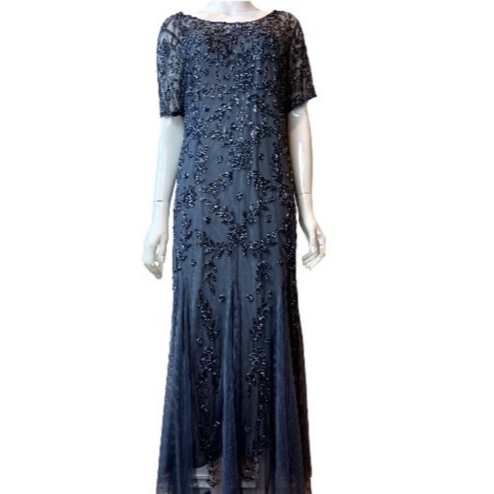 Adrianna Papell Women Beaded Gown Maxi Dress Back Keyhole Short Sleeve Blue SZ 4